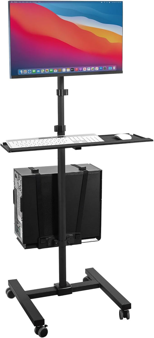 Mount-It! Rolling Computer Work Station with Monitor Mount Up to 32 in 4 Levels for Laptop Keyboard & Mouse Printer CPU High Powder Coated Steel Frame Casters with Locks