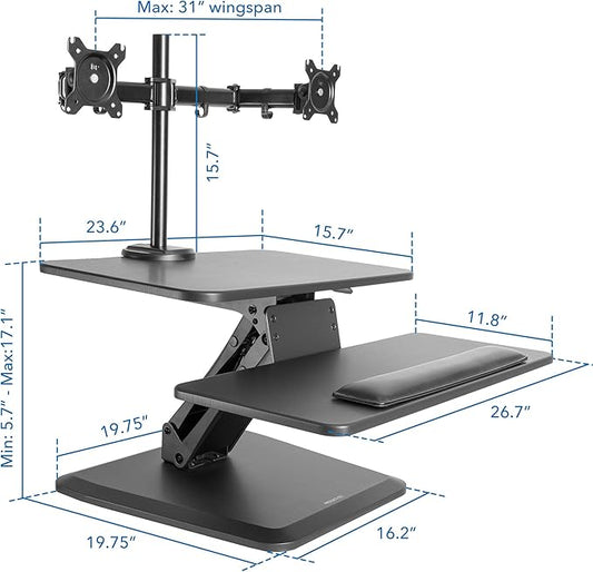 Mount-It! Sit Stand Desk with Dual Monitor Mount up to 27In Monitors Heavy Duty Steel with Keyboard Mouse Tray Desk Clamp Gas Spring Arm Adjusts up and down 11.5 In