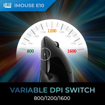 Adesso Mouse Wireless Vertical E10 6 Buttons up to 1600dpi Right Hand - Black