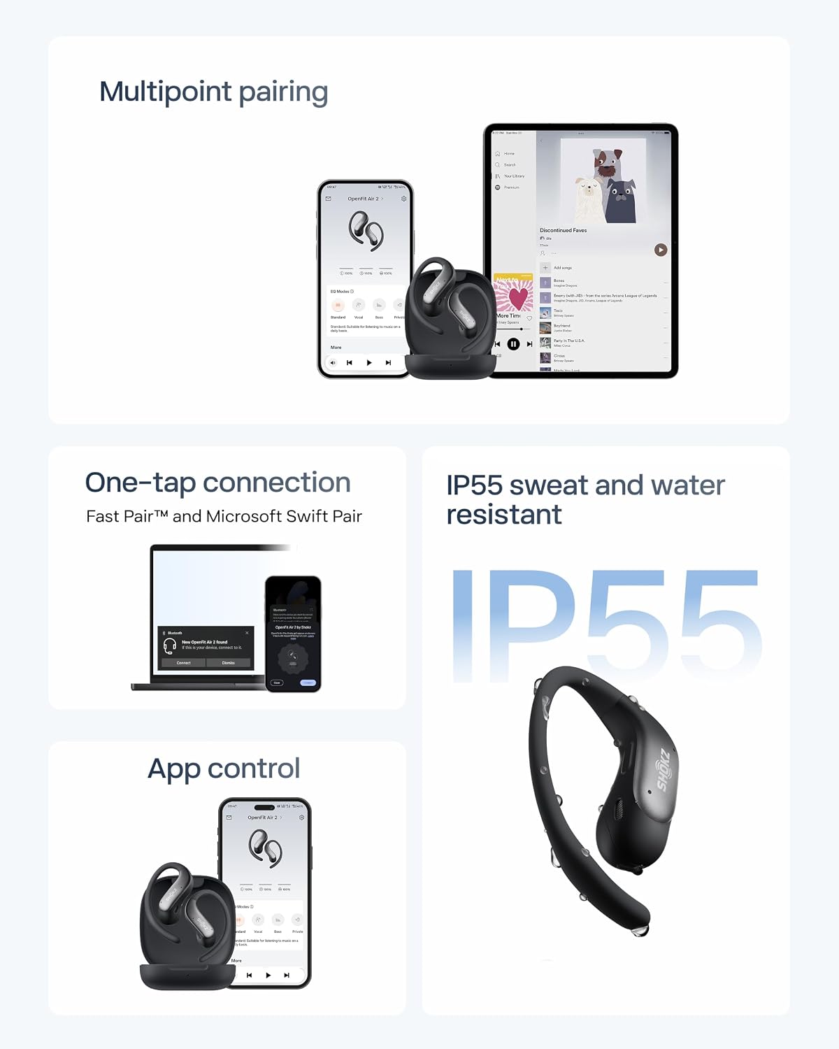 Shokz OpenFit Air 2 Black Bluetooth Headset Smart Mic Around Ear Air Conduction - OpenBass - Water Resistant IP54
