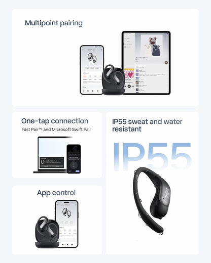Shokz OpenFit Air 2 Black Bluetooth Headset Smart Mic Around Ear Air Conduction - OpenBass - Water Resistant IP54