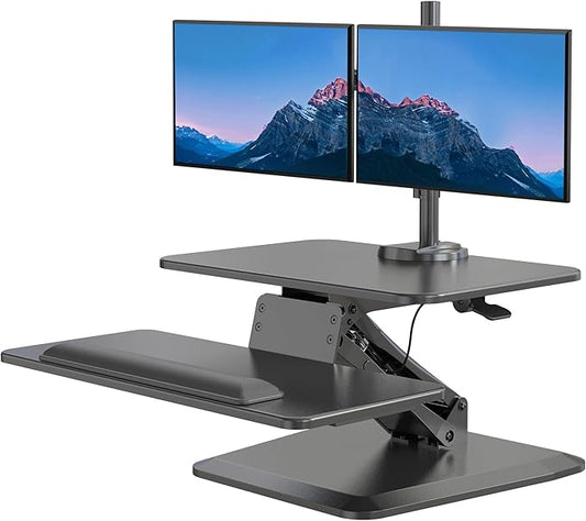 Mount-It! Sit Stand Desk with Dual Monitor Mount up to 27In Monitors Heavy Duty Steel with Keyboard Mouse Tray Desk Clamp Gas Spring Arm Adjusts up and down 11.5 In