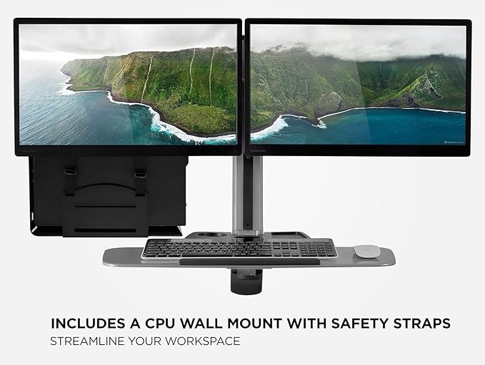 Mount-It! Sit Stand Workstation Wall Mounted with Dual Monitor & Keyboard Tray Gas Spring Includes CPU Wall Mount Heavy Duty Steel & Aluminum
