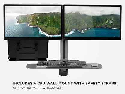 Mount-It! Sit Stand Workstation Wall Mounted with Dual Monitor & Keyboard Tray Gas Spring Includes CPU Wall Mount Heavy Duty Steel & Aluminum