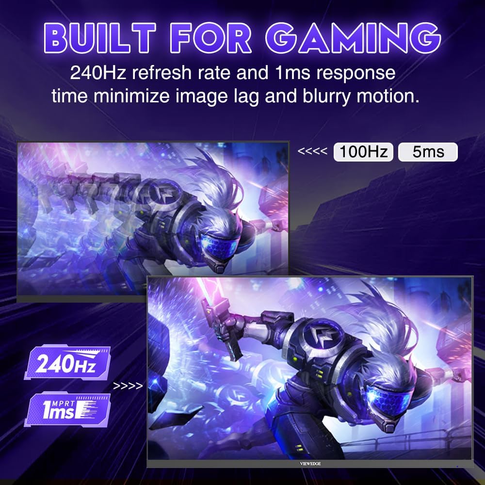 Viewedge Gaming Monitor 24in FHD (1920x1080p) up to 240hz VA panel with contrast ratio of Millions : 1, 178-degree viewing angle, and 1ms responsive time  - Black