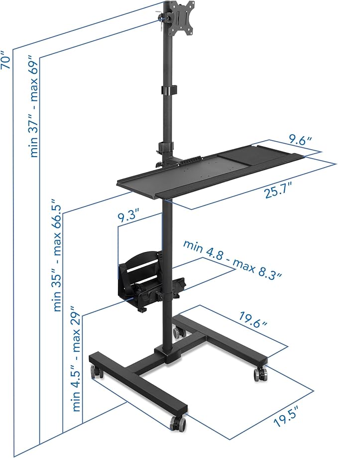 Mount-It! Rolling Computer Work Station with Monitor Mount Up to 32 in 4 Levels for Laptop Keyboard & Mouse Printer CPU High Powder Coated Steel Frame Casters with Locks
