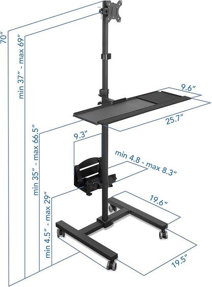 Mount-It! Rolling Computer Work Station with Monitor Mount Up to 32 in 4 Levels for Laptop Keyboard & Mouse Printer CPU High Powder Coated Steel Frame Casters with Locks