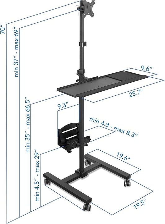 Mount-It! Rolling Computer Work Station with Monitor Mount Up to 32 in 4 Levels for Laptop Keyboard & Mouse Printer CPU High Powder Coated Steel Frame Casters with Locks
