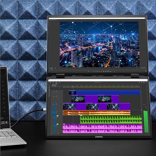SideTrak Laptop Monitor 15.6in Solo Book Stacked Dual Portable Monitor Hinge Design Auto Rotate 360 Degrees with Neoprene Sleeve PC/MAC/Chrome/Console