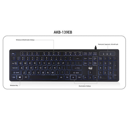 Adesso Adesso Keyboard Wired 2x Large Print Illuminated LED Backlight 104 Keys Water Resistant PC - Black