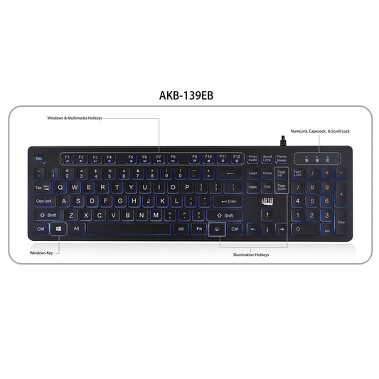 Adesso Adesso Keyboard Wired 2x Large Print Illuminated LED Backlight 104 Keys Water Resistant PC - Black