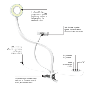 Digipower Vlogging Go Viral For You Kit Flexible Ring Light & Phone Holder 3 Light Modes Desk Clamp Bluetooth Remote - White - product image 4 of 5