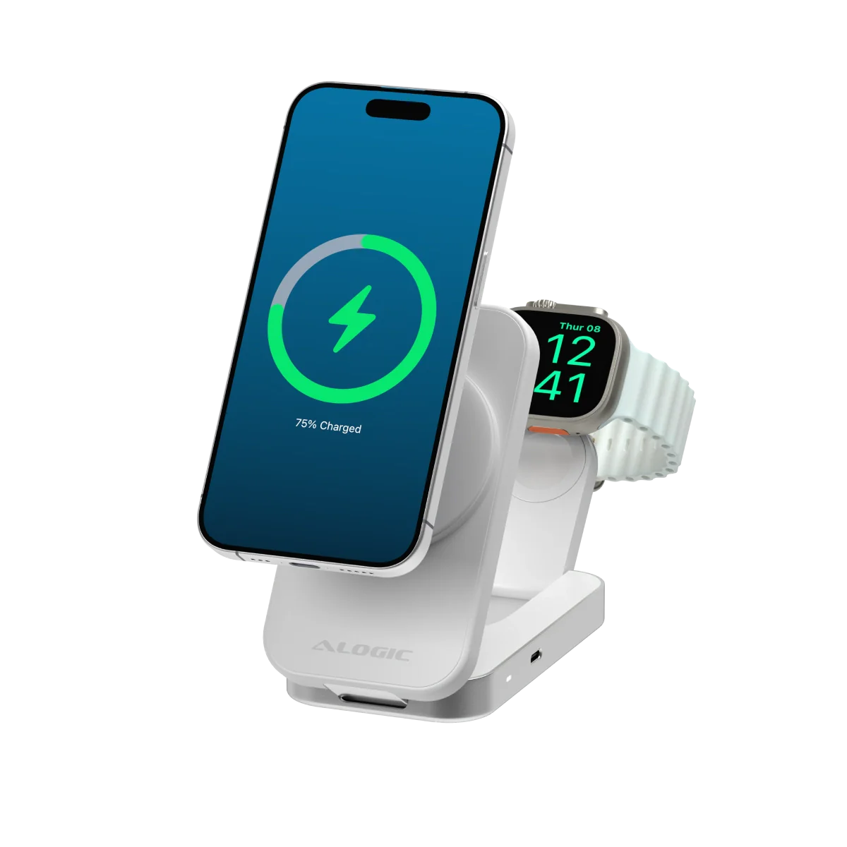 Alogic Alogic Qi2 Charging Stand 2-in-1 Flip 2 Phone (15W) & Watch (3W) Charger  with 3ft USB-C to USB-C Cable - White