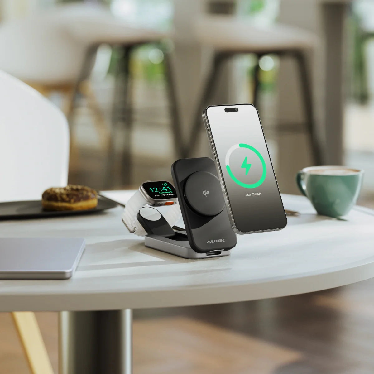 Alogic Alogic Qi2 Charging Stand 2-in-1 Flip 2 Phone (15W) & Watch (3W) Charger  with 3ft USB-C to USB-C Cable - Black
