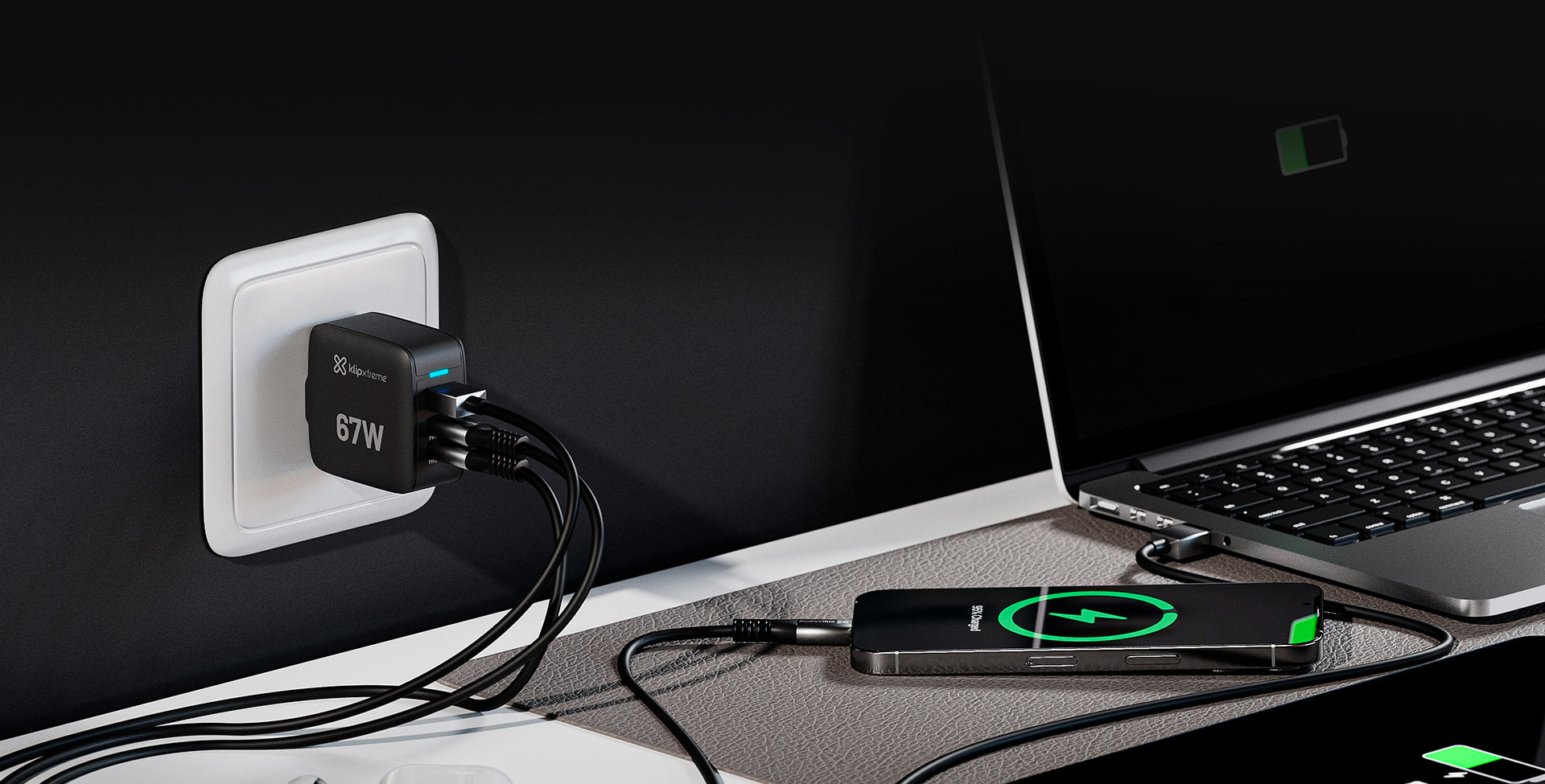 Klipxtreme Klipxtreme Wall Charger 3 Port 67W PowerWall 67 2x USB-C PD 3.0 1x USB-A QC 3.0 - Black (UPC: 7983020925180)