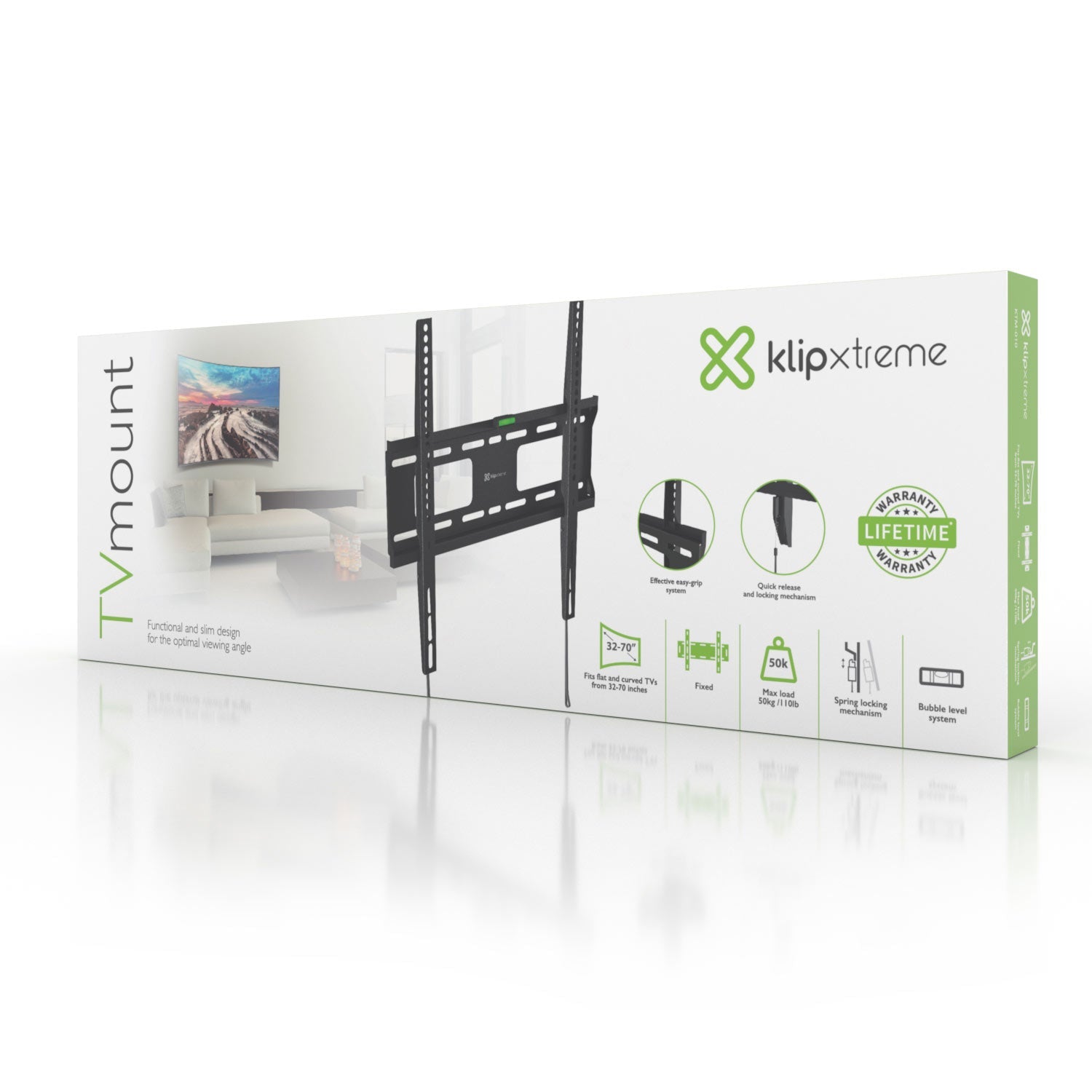 Klipxtreme Klipxtreme TV Mount Fixed 32 - 70In Flat or Curved TV Max 110lbs Built in Leveler Spring Locking Mechanism -