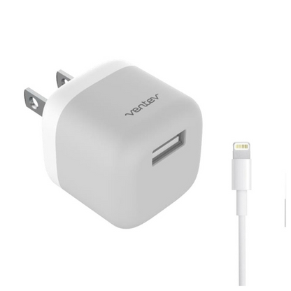 Ventev Wall Charger 1 Port 12W 2.4 Amp USB-A - White & Grey with Lightning MFI to USB-A Cable 3.3ft - White - product image 5 of 5