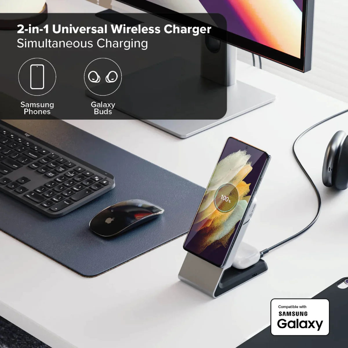 Alogic Qi Charging Stand / Dock 2-in-1 Phone (15W) Airpods (5W) MagSafe Compatible Magnetic Ring Included - Black - product image 3 of 5