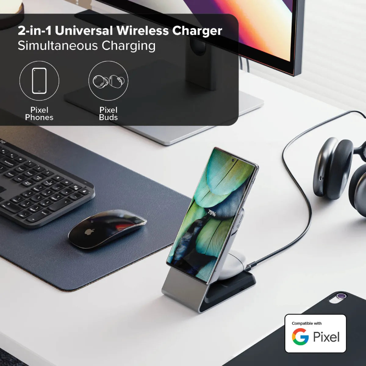 Alogic Qi Charging Stand / Dock 2-in-1 Phone (15W) & Airpods (5W) MagSafe Magnetic Ring Included - White - product image 4 of 5