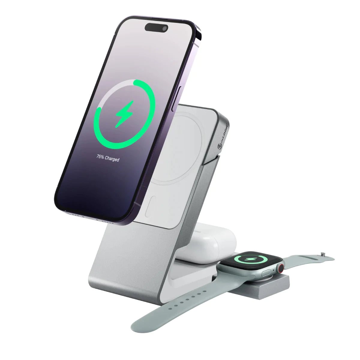Alogic Qi Charging Stand / Dock 3-in-1 Phone (15W) & Airpods (5W) & Apple Watch Charger (2W) with 30W Wall Charger USB-C MagSafe Magnetic Ring Included - Black - product image 1 of 5