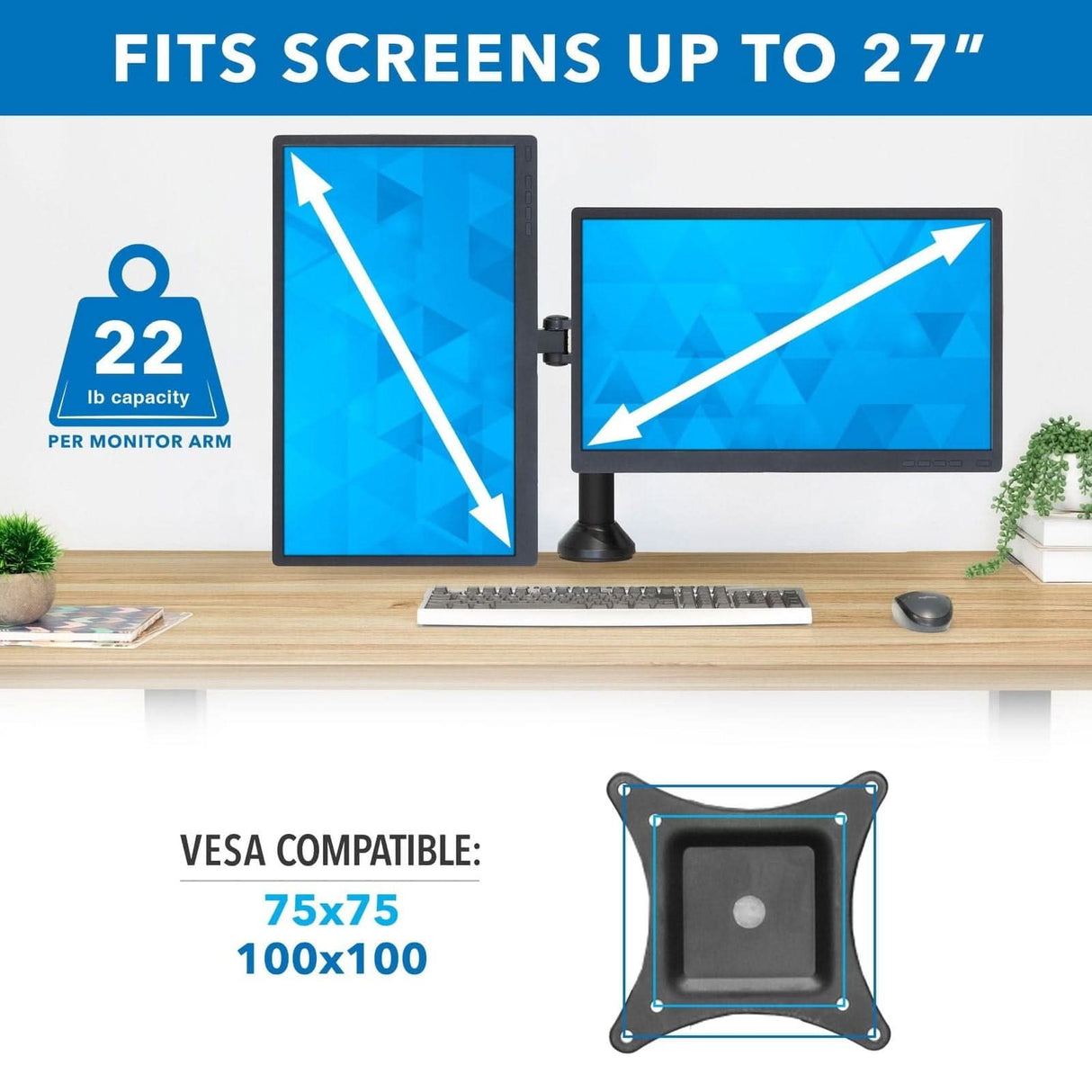 Mount-It! Mount-It! Dual Monitor Desk Stand up to 27 in 22 lbs per Arm VESA Swivel Rotate High Strength Steel - Black (UPC: