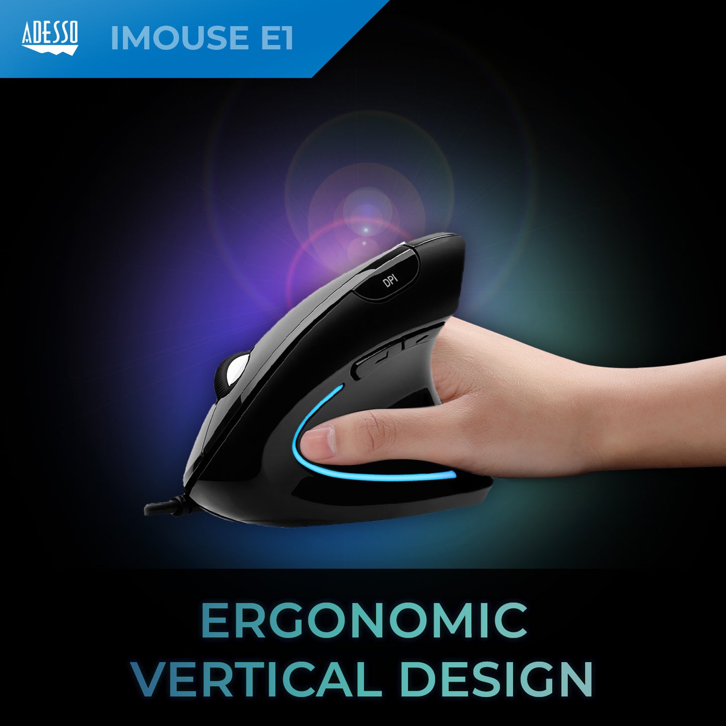 Adesso Mouse Wired Vertical E1 Illuminated 6 Buttons up to 1600dpi Right Hand - Black - product image 3 of 5
