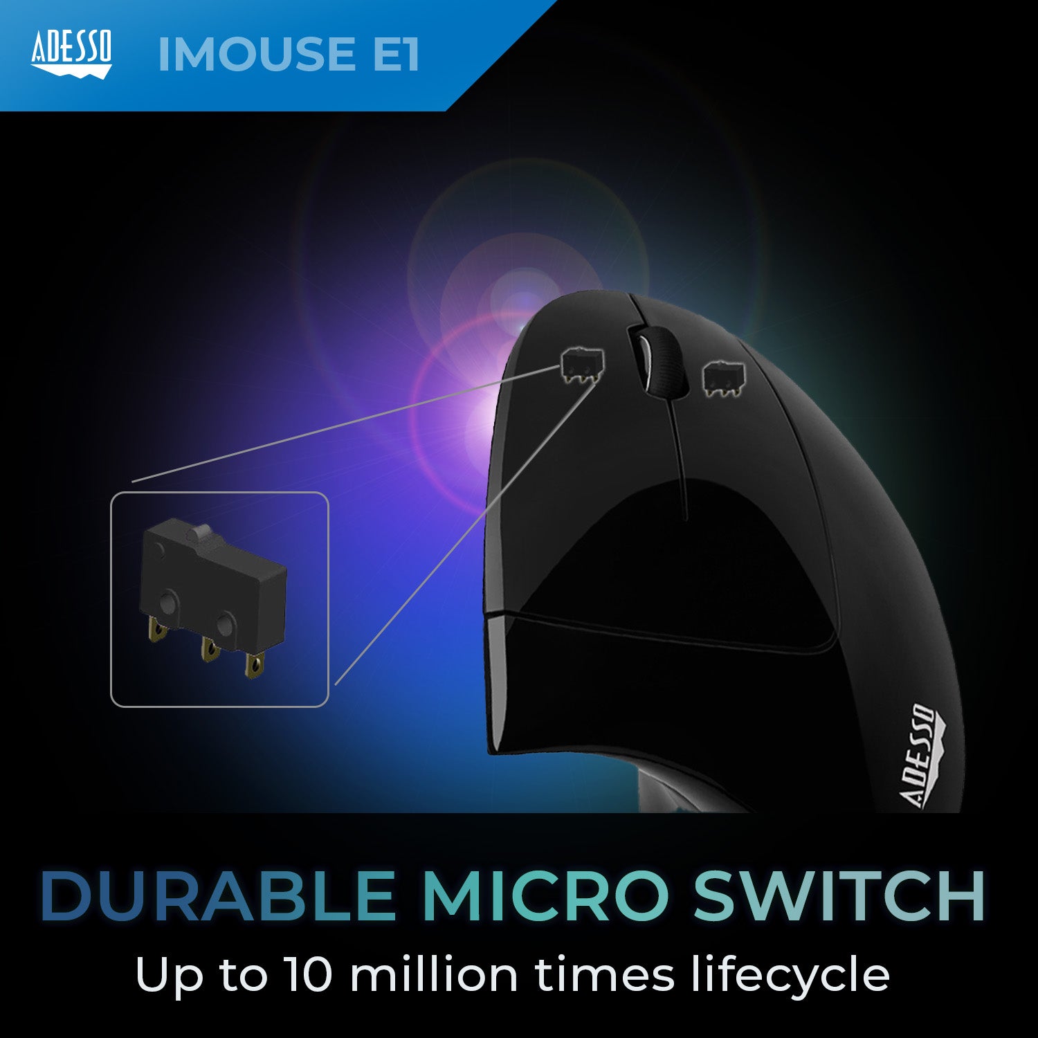 Adesso Mouse Wired Vertical E1 Illuminated 6 Buttons up to 1600dpi Right Hand - Black - product image 5 of 5