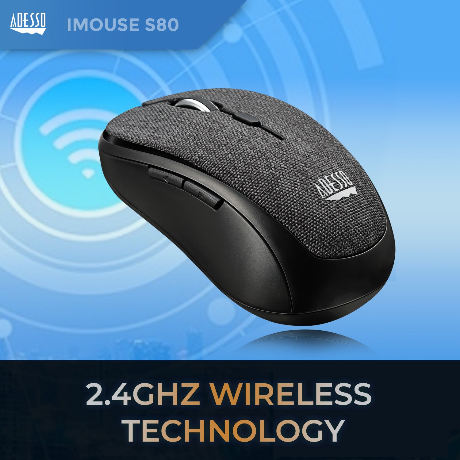 Adesso Mouse Wireless Fabric Mini S80B 6 Button up to 1600dpi PC/Mac - Black - product image 4 of 5