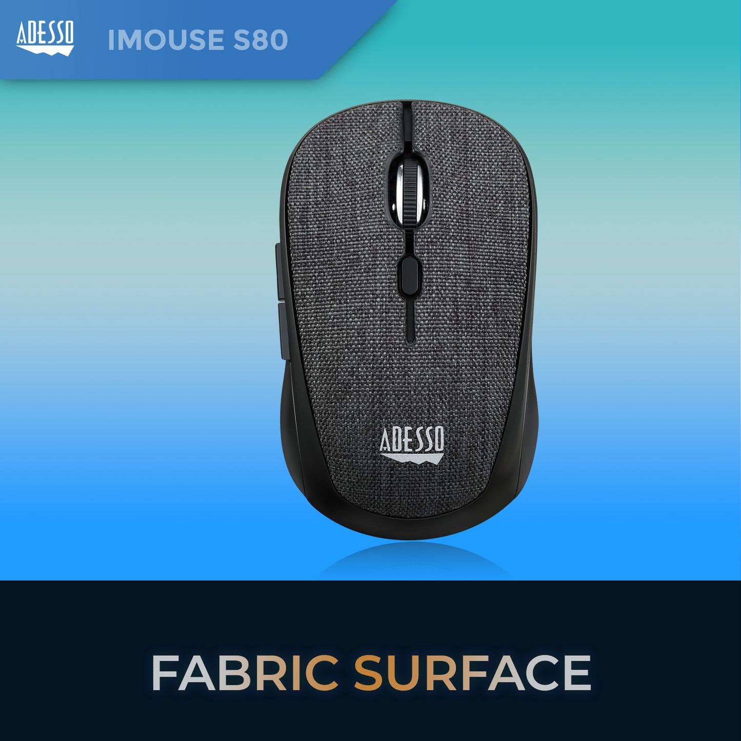 Adesso Mouse Wireless Fabric Mini S80B 6 Button up to 1600dpi PC/Mac - Black - product image 3 of 5