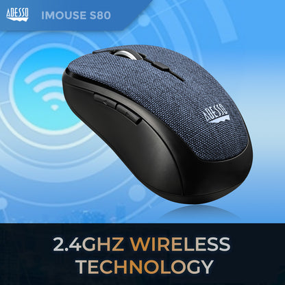Adesso Mouse Wireless Fabric Mini S80L 6 Button up to 1600dpi PC/Mac - Blue - product image 2 of 5