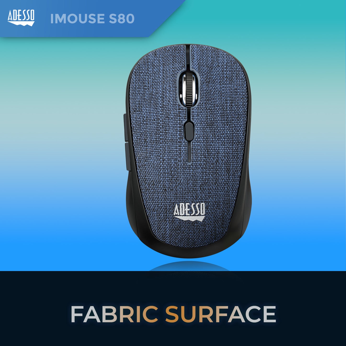Adesso Mouse Wireless Fabric Mini S80L 6 Button up to 1600dpi PC/Mac - Blue - product image 4 of 5