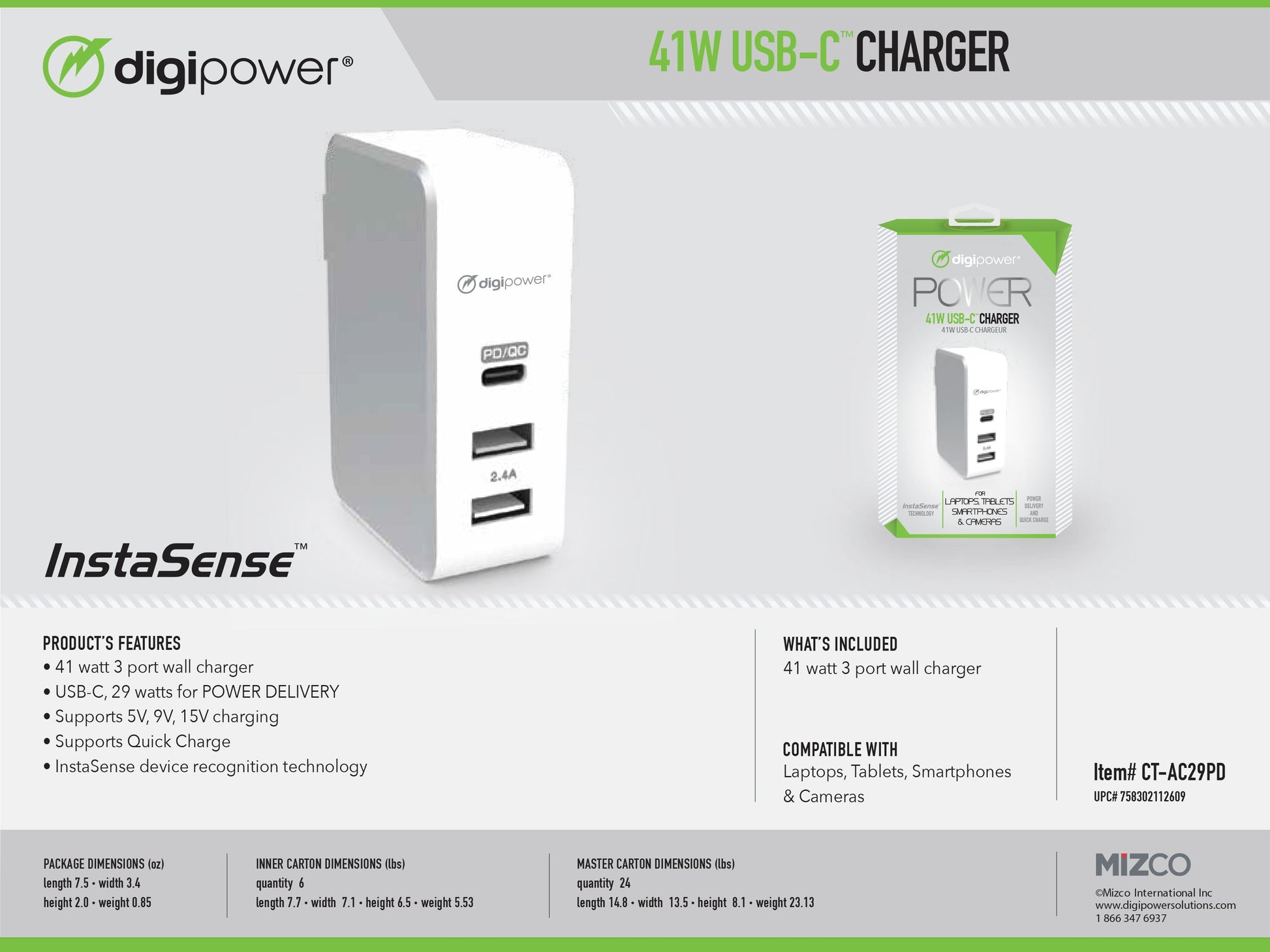 Digipower Digipower Wall Charger 2.4 Amp InstaSense 2 Port USB-A with Lightning MFI to USB-A Cable 5ft - Black (UPC: