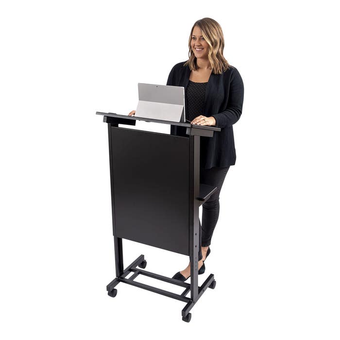 Luxor Mobile Standing Desk / Lectern Adjustable Height with Foot Pedal 2 Casters - Light Wood Coloured Top - product image 1 of 5